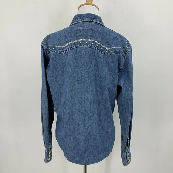 Vintage Levi's Pearl Snap Chambray Top Size M Studded Silver Streak Pockets - Picture 4 of 10